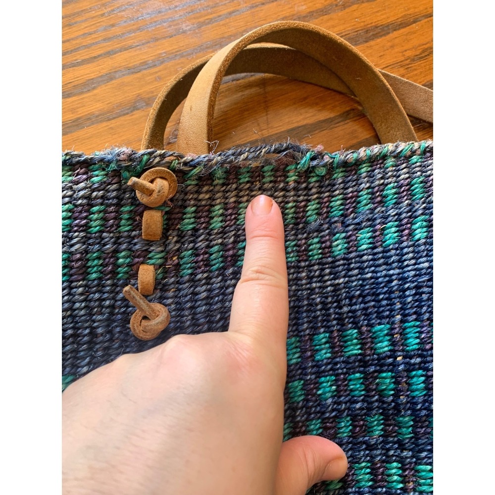 Handwoven Sisal Tote Bag Blue Teal Pattern Leather Straps - Picture 3 of 6